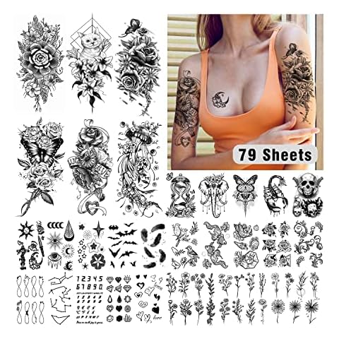 Leesgel 79 Blatt Temporäre Tattoos Frauen, Groß Fake Tattoos Erwachsene Tattoo Aufkleber Tatoos Aufkleben Damen Tattoos zum Aufkleben, Klebetattoos Erwachsene Gesicht Hals Arm Tattoo Festival Zubehör Cover
