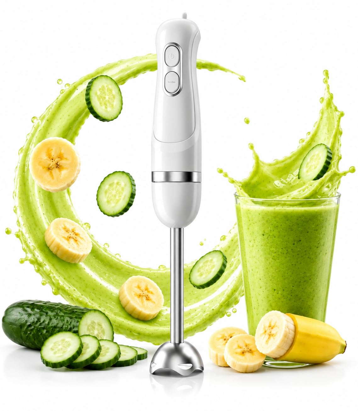 BESROY 1100W Stabmixer Edelstahl, Elektrischer Pürierstab & Hand Blender mit 2 Geschwindigkeitsstufen + Turbo, Kupfermotor, Spülmaschinenfest, für Babynahrung, Smoothies & Suppen, BPA-frei, Weiß