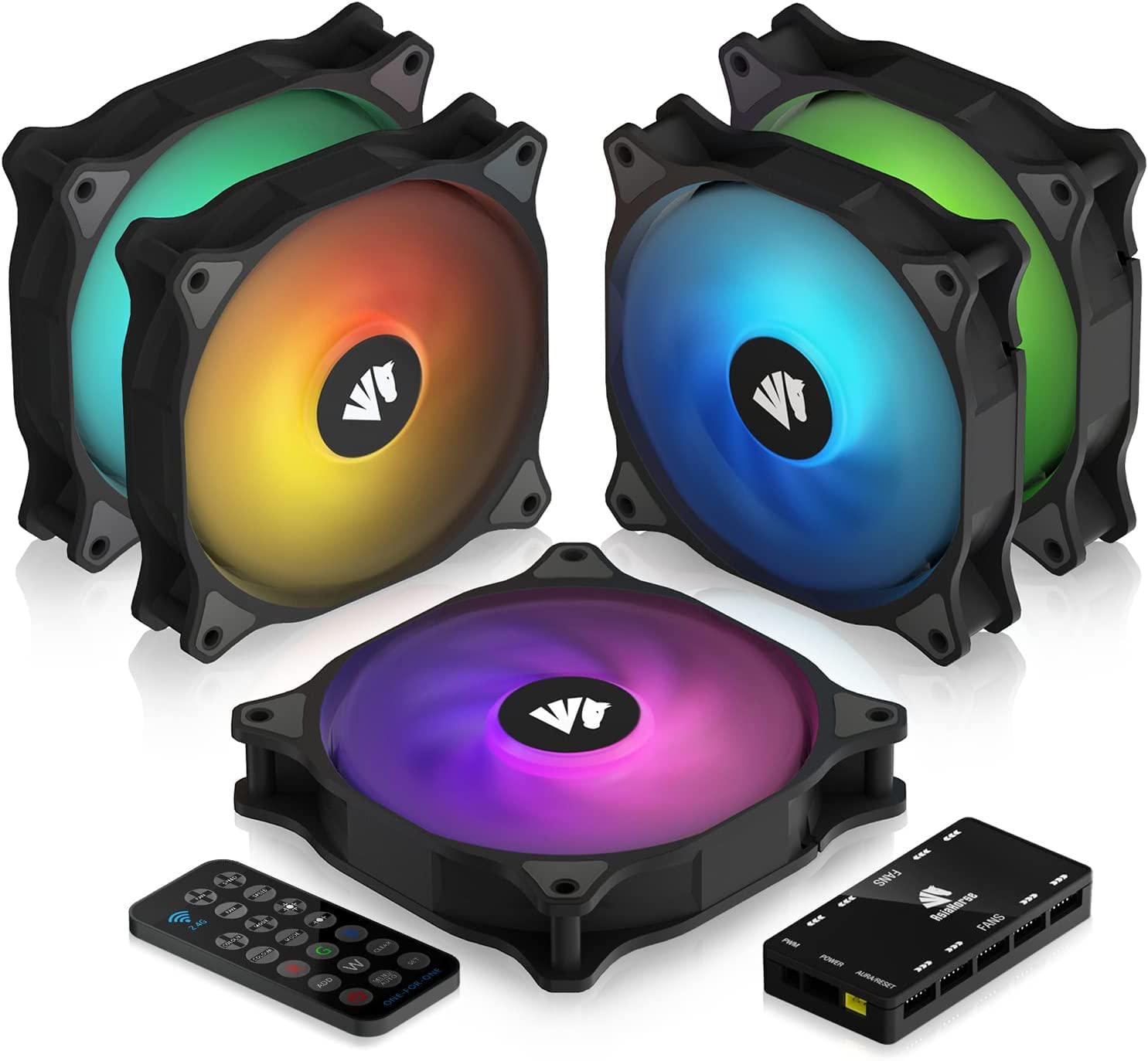 AsiaHorse WD-001 120mm 5V ARGB Placa base 12 LED direccionables 9 hojas cojinete hidráulico blanco/ventilador de refrigeración (paquete de 5 unidades) [Negro -5]