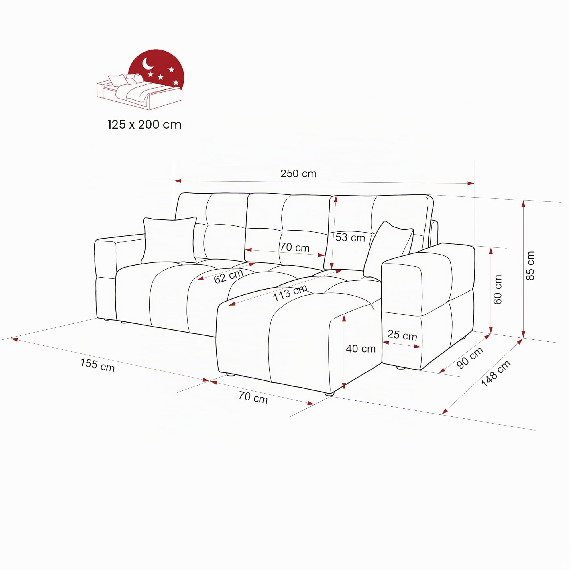 Ecksofa mit Schlaffunktion und Bettkasten 250 x 148 cm