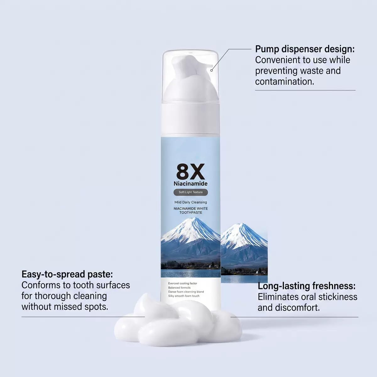 Dentifricio sbiancante in schiuma alla niacinamide con carbone di bambù, dentifricio sbiancante, aiuta a rimuovere le macchie superficiali, alito fresco, igiene orale quotidiana