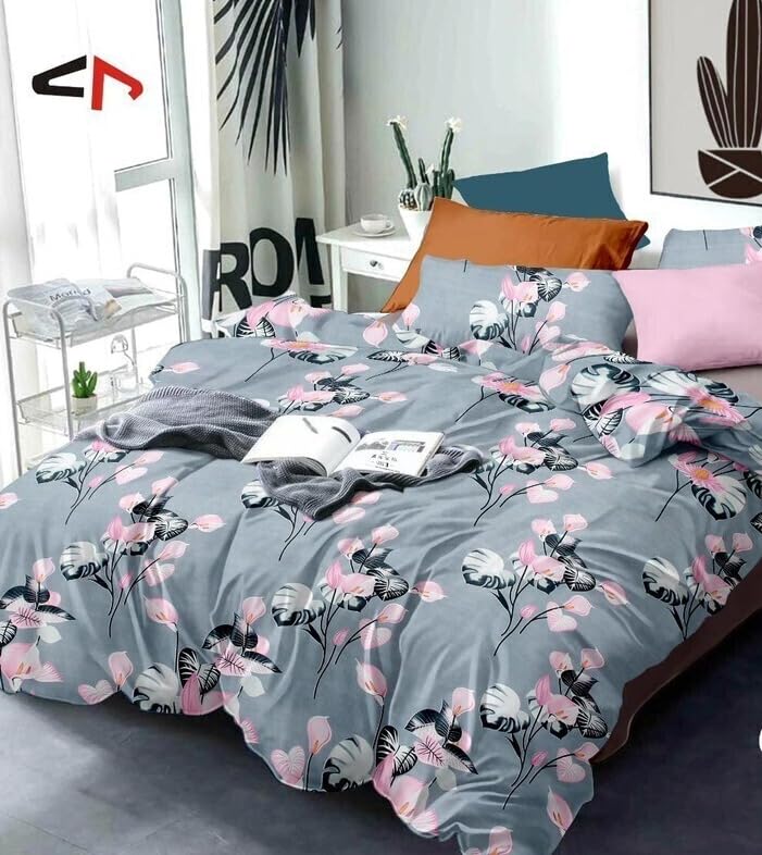 Microfiber Bedsheet for Double Size Bed Floral Design Bed Spread with 2 Pillow Covers | Wrinkle Free Bedsheets (94X98 Inches, 8X7.5 Feet,Grey/Pink Floral Design) (B0DH8C1TGG) Amazon Price History, Amazon Price Tracker