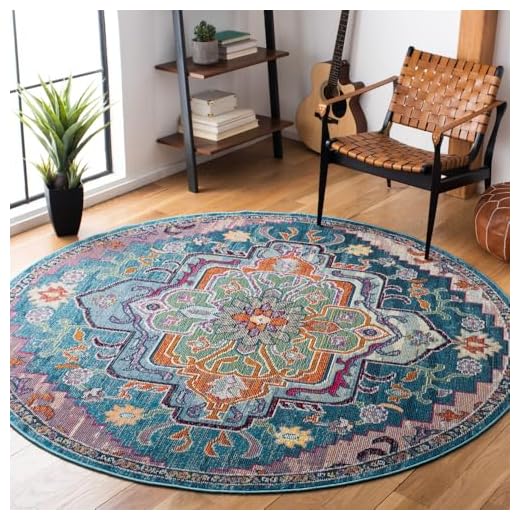 SAFAVIEH Crystal Collection 7' Round Teal / Rose CRS501T Boho Chic Oriental Medallion Distressed Non-Shedding Dining Room Entryway Foyer Living Room Bedroom Area Rug