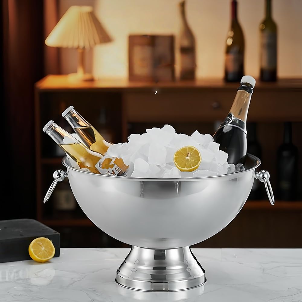 Grande secchiello per champagne in acciaio inox, 40,1 cm, per vino, birra, bevande, ciotola per punch con doppia maniglia per feste, bar, barbecue, ristorante, eventi all'aperto (argento)