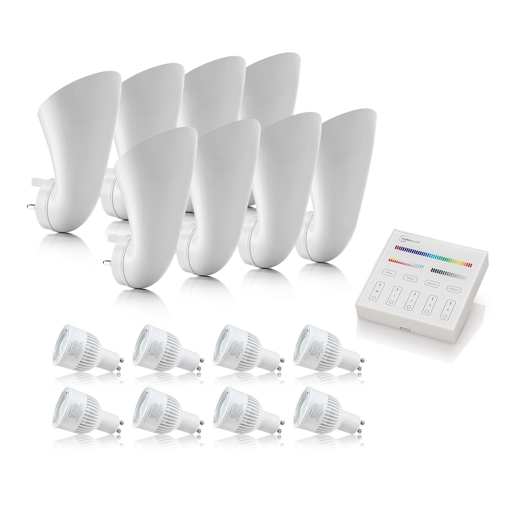 Auraglow Plugin GU10 Spotlight Uplighter Wall Wash Light Plug Socket Lamp with Colour Changing LED Smart Bulb & Touch Panel Switch - 8 Pack