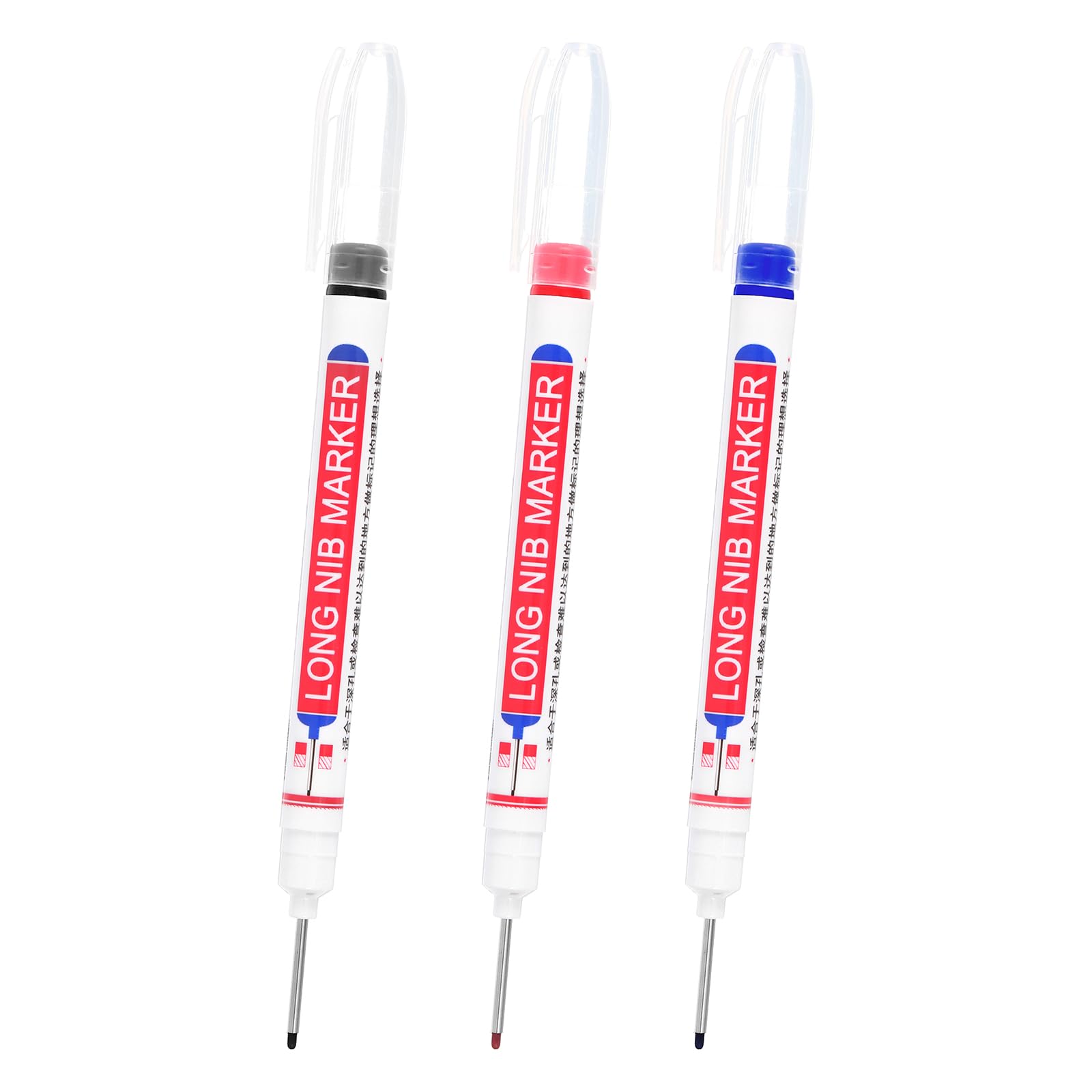PATIKIL Deep Hole Marker Pens, 3Pcs Ink Waterproof Deep Reach Markers 22mm/0.87 Inch Long Nose Marker Scriber Pen for Woodworking Builders, Black, Red