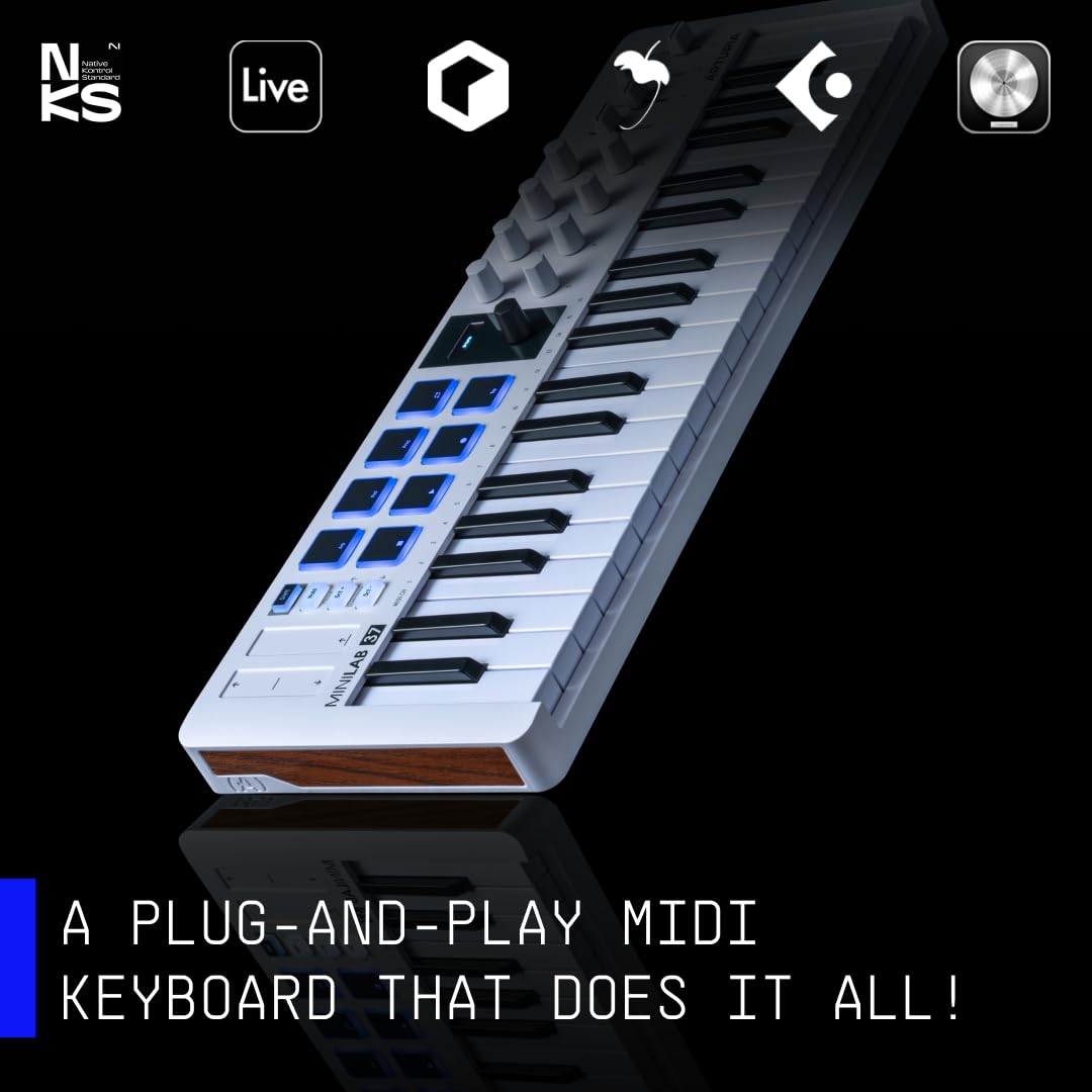 Arturia MiniLab 37 Clavier de contrôle USB MIDI 37 touches | 37 touches fines, pads, encodeurs, faders, intégration DAW, USB-C, suite logicielle, arpégiateur, mode Accord