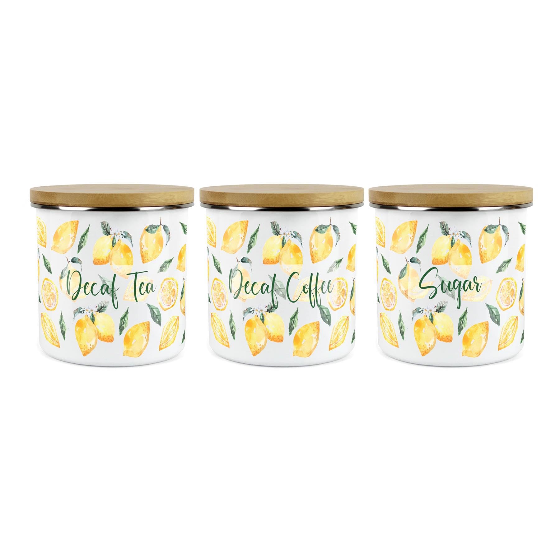 Purely Home Painted Lemons Decaf Tea, Decaf Coffee & Sugar Kitchen Canister Set - Summery Metal Enamel Hot Drinks Storage Containers Gift Set of 3
