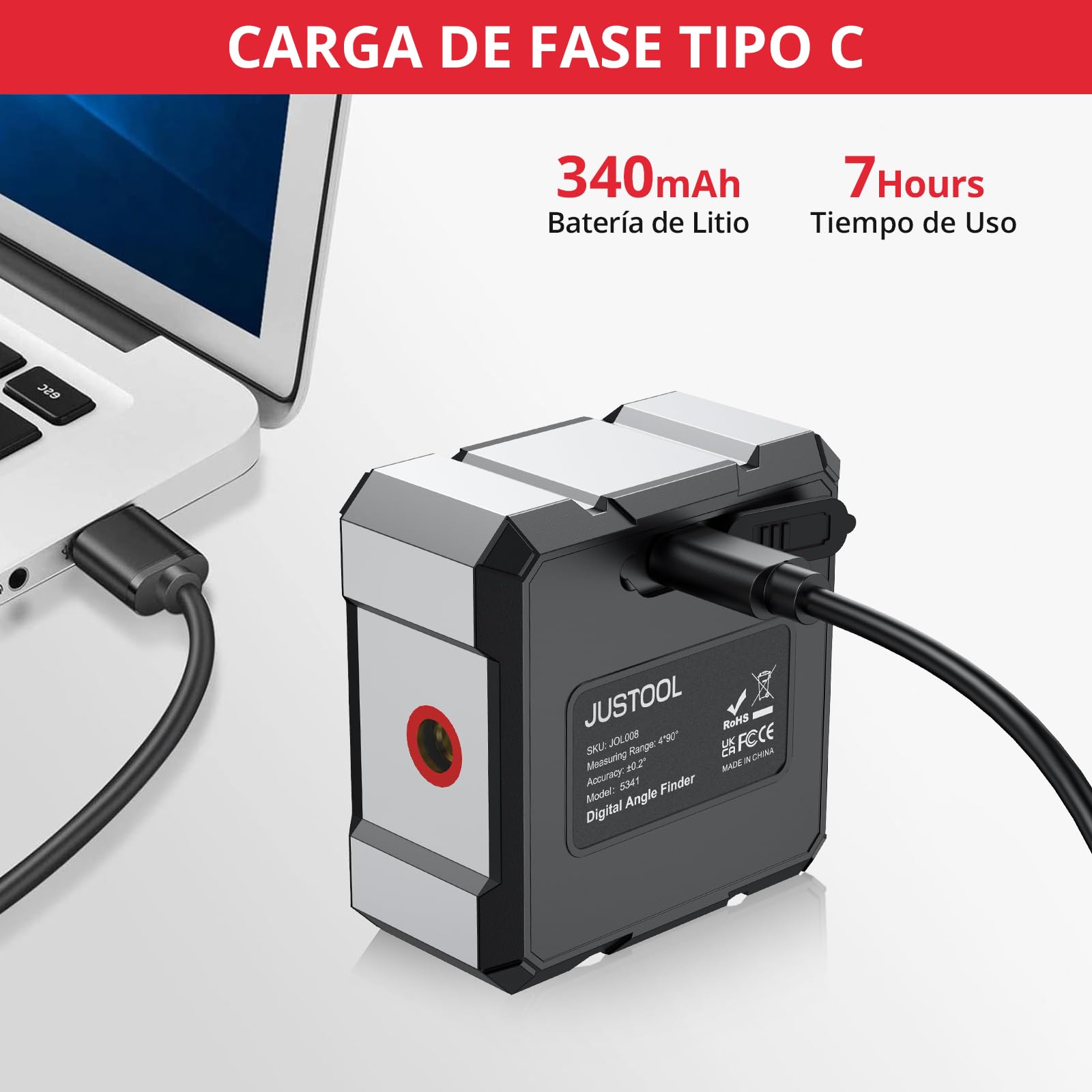 JUSTOOL Inclinómetro digital 4 * 90 con Pantalla LED-Nivel digital 4 lados magnéticos-Transportador láser electrónico Recargable-IP54 Impermeable para Carpintería,Construcción etc