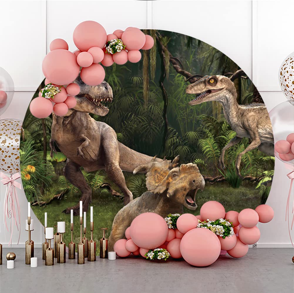 AOFOTO 7.2x7.2ft Polyester Dinosaur Circle Backdrop Cover Forest Jungle Park 3D Dinosaur Round Photography Background Boy Kids Baby Shower Birthday