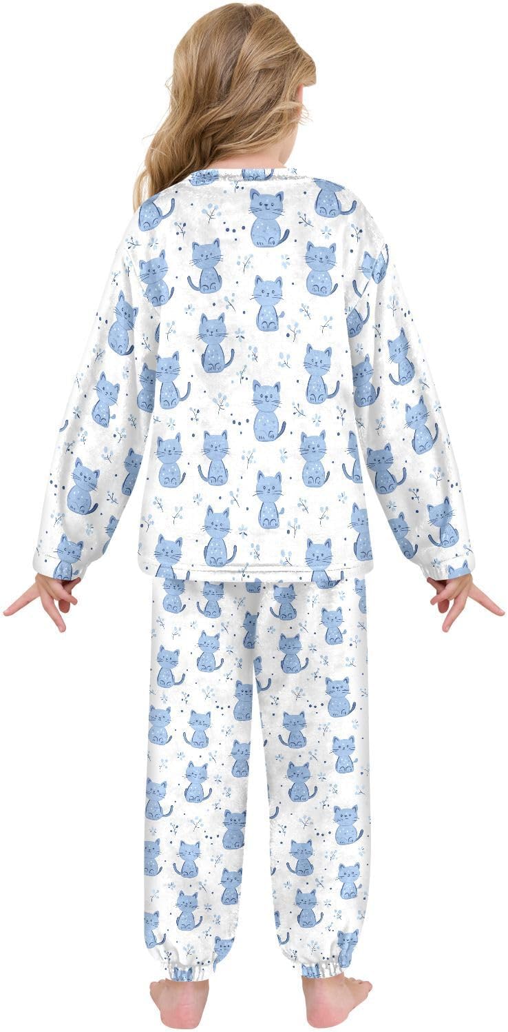 Blue Cartoon Cat Plush Pajama Sets Soft Flannel Fleece Sleepwear