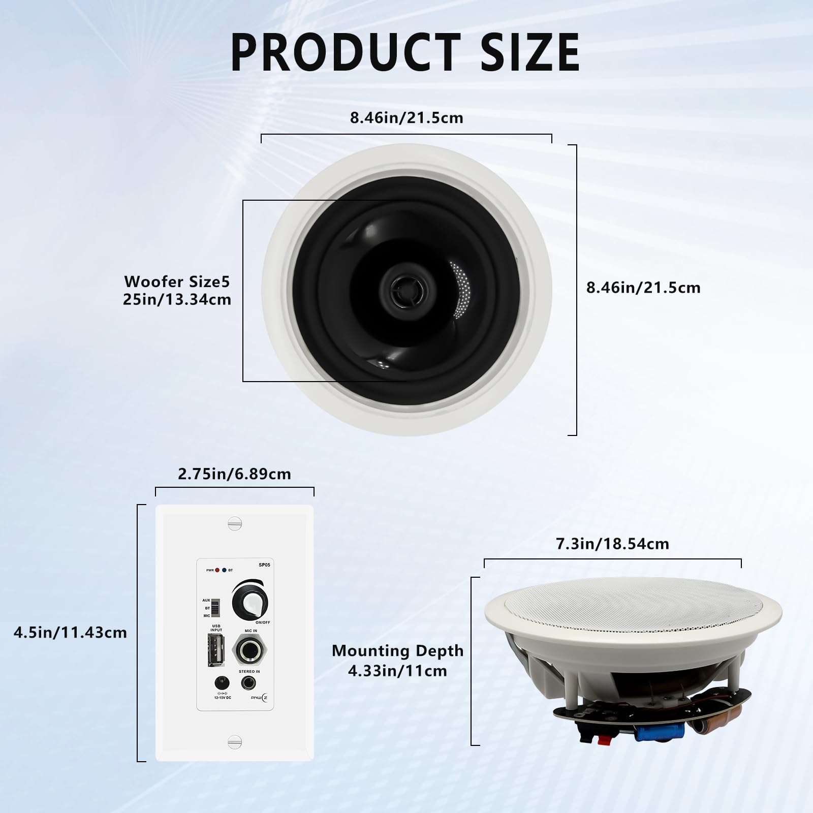 Lot de 2 haut-parleurs de plafond Bluetooth de 16,5 cm avec amplificateur mural 600 W pour home cinéma, bureau, salle de bain, salon, cuisine