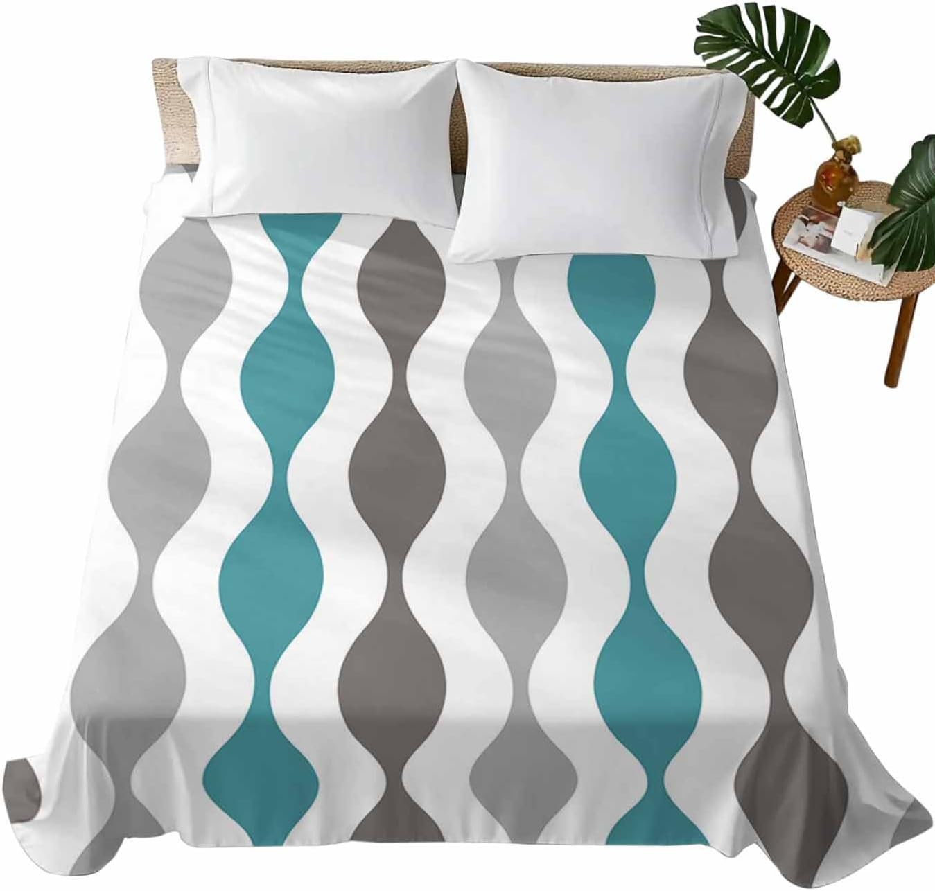 Flat Sheet Only Bedding Top Sheet Queen Mid Century Teal Stripes Soft Microfiber Breathable Bed Sheets, Grey Abstract Geometric Flat Sheets for Bedroom Sofa Men/Women