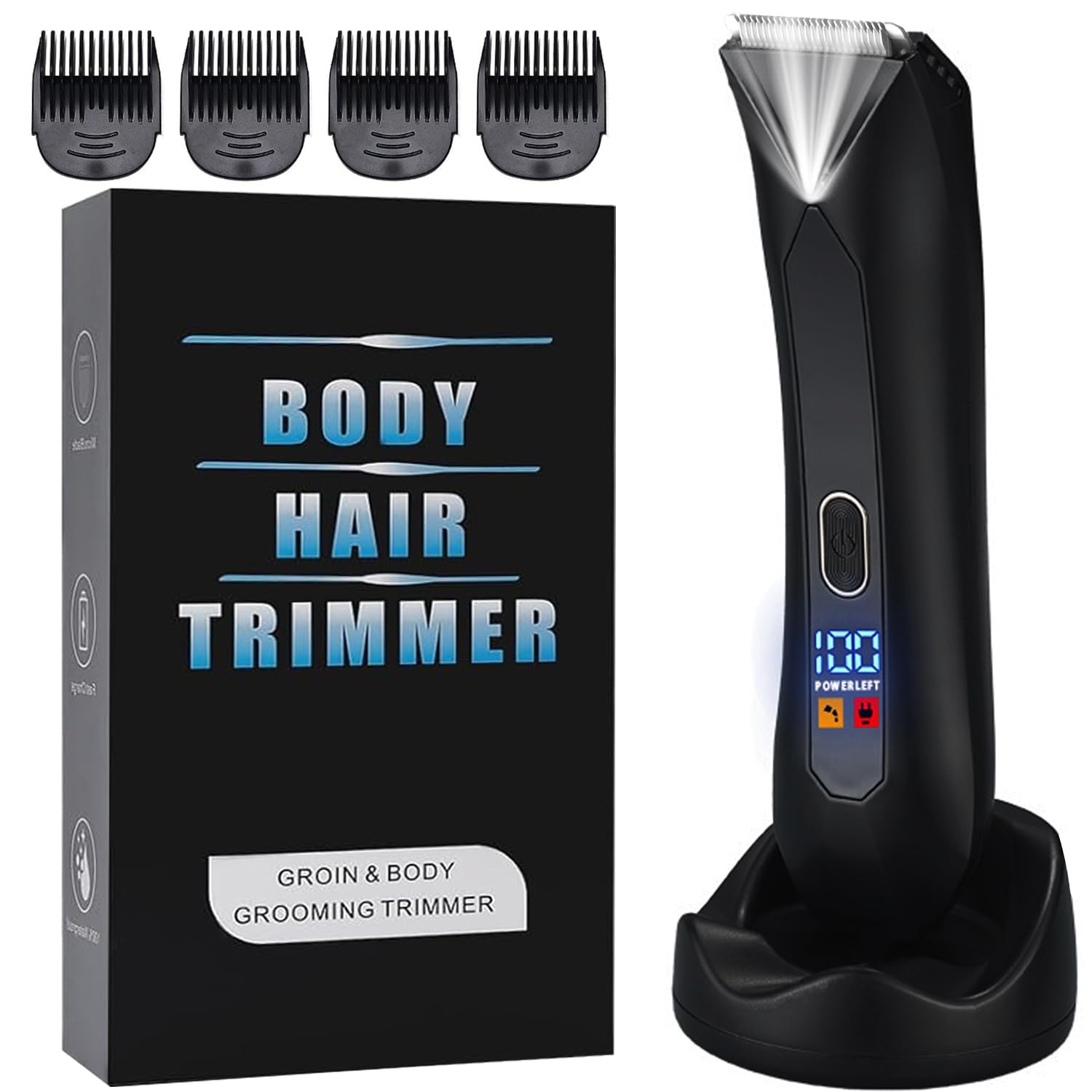 Men's Electric Body & Ball Hair Trimmer, 4-in-1 Ceramic Blade, Waterproof, Type C Charging, Black
