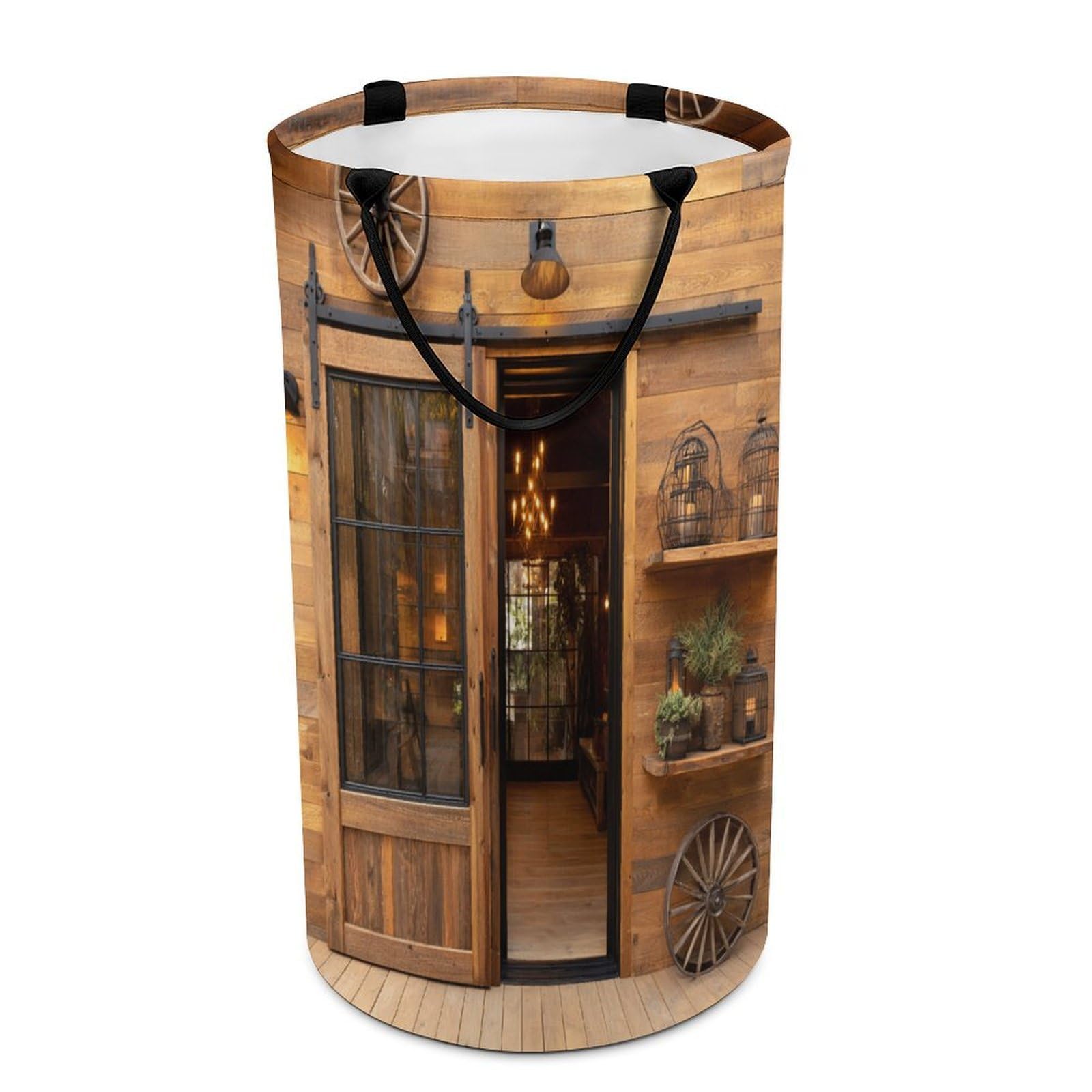 LUYYSKY Rustic Aesthetic Barn Door Collapsible Dirty Clothes Basket, Western Oil Painting Farmhouse Log Cabin Door Wheel Pattern Portable Clothes Storage Basket