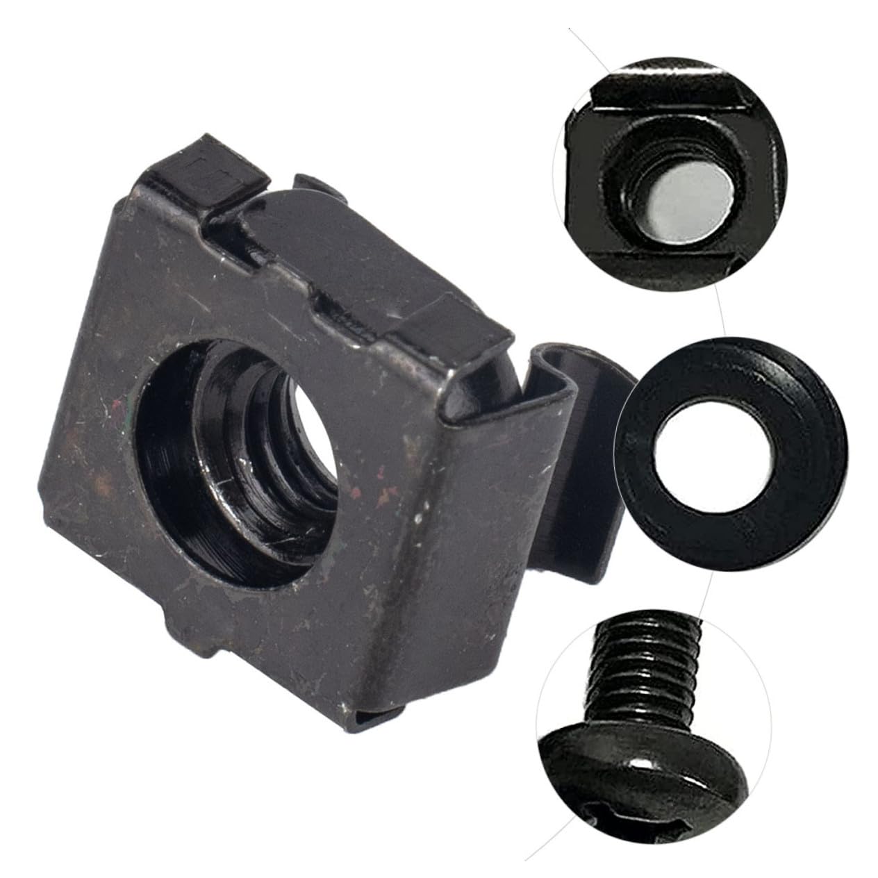 VALICLUD Juego de Tornillos M6 para Armario de Servidores, Tuercas Enjauladas Cuadradas de Acero al Carbono, Tornillos Metálicos Negros 100 Piezas para Montaje en Bastidor Industrial