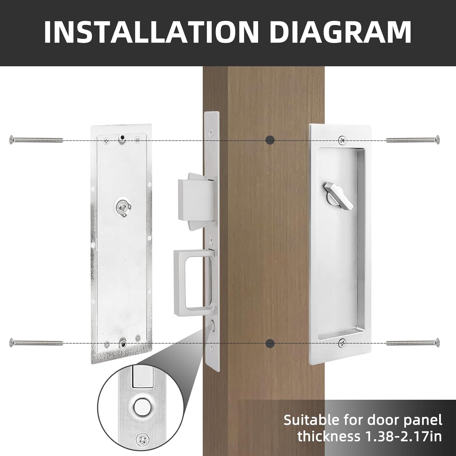 Pocket Door Privacy Lock,Modern Rectangular Pocket Door Hardware, Finger Flush Pulls with Edge Pull for Pocket Doors, Sliding Doors,Folding Doors etc (Sliver, No Key)