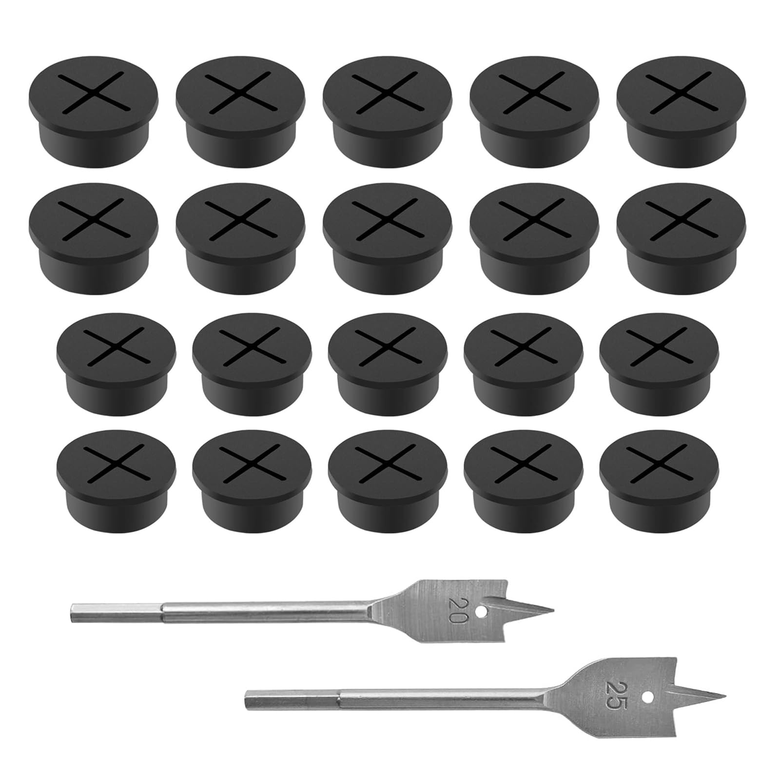 Passacavo Silicone Flessibile, 20 Pezzi 25mm Passacavi in Gomma, Copertura Foro Per Cavo 20mm, con Trapano Gomma Passacavo Copriforo, Adatto per Scrivania, Tavolo, Altri Mobili (Nero)