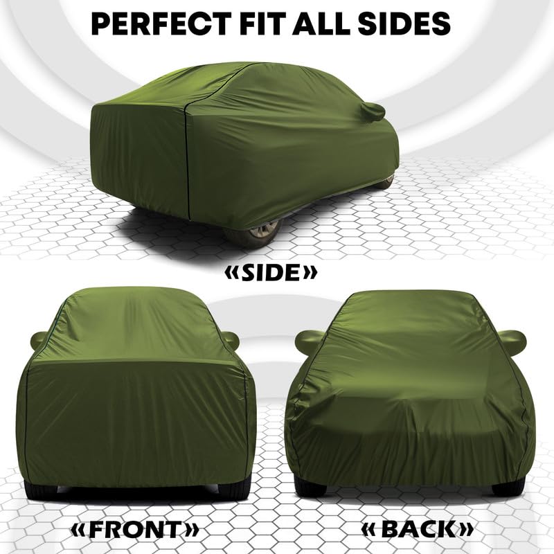 Image of Car Bady Cover Waterproof Compatible with Hyundai Fluidic Verna |Triple Stitched |Fully Elastic Ultra |Mirror Pocket | Heavy Buckle | Olive Green & Black Piping (Olive Green & Black)
