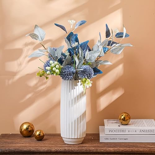 Miniatura 5 de Jarrón de cerámica moderno blanco de 10.5 pulgadas, barra vertical, jarrón redondo de porcelana, decoración del hogar, diseño geométrico brillante,