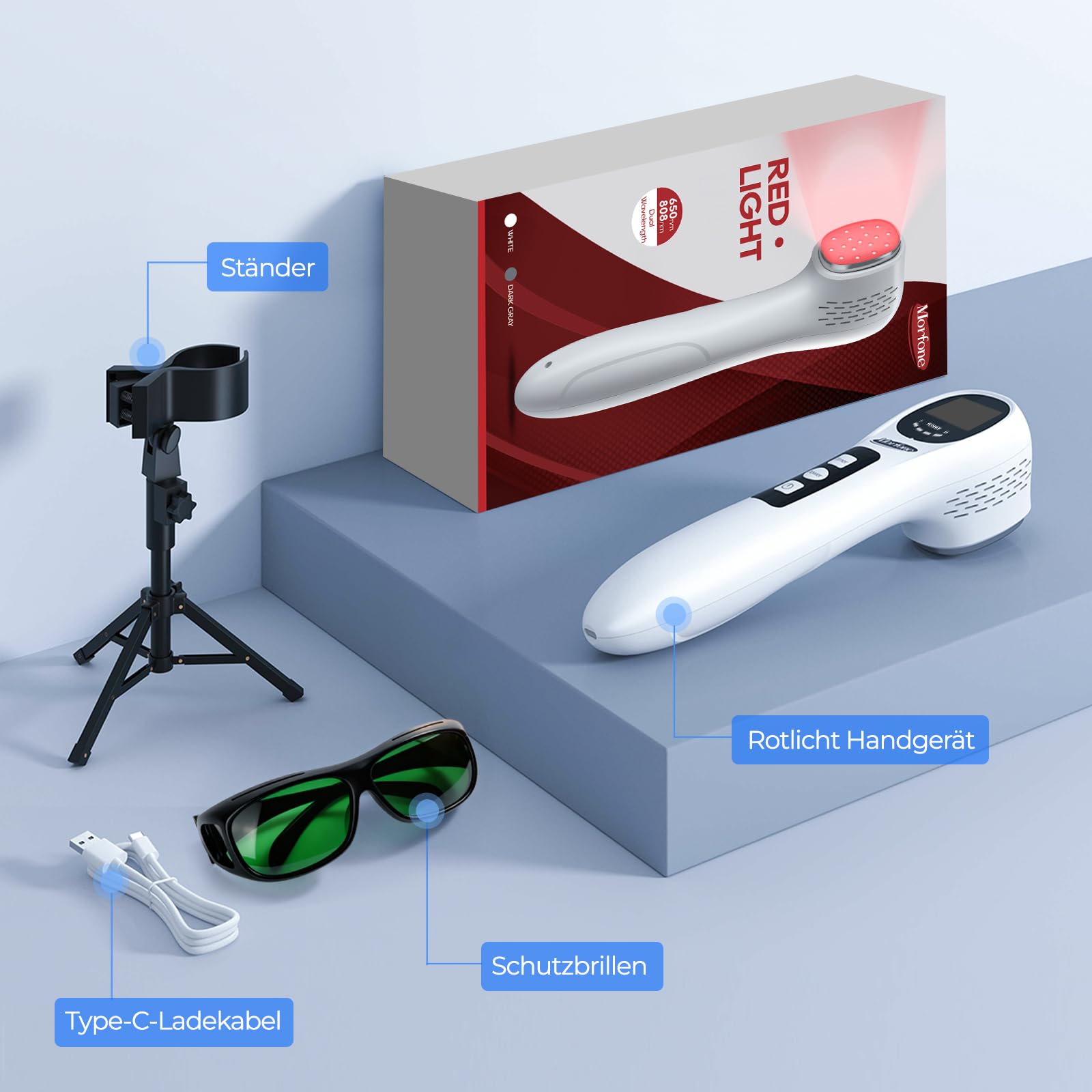 Morfone Rotlicht Handgerät, 5x808nm + 12x650nm, 3600mAh Tragbar Infrarotlampe, 4 Modi Rotlichtlampe zur Muskel, Ganzkörper & Gesicht für Menschen Haustiere, Mit Schutzbrille & Ständer, Weiß