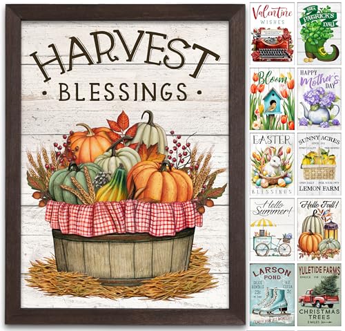 Farmhouse Wall Decor for your Home - 12x16 Rustic Wood Frame with 14 Interchangeable Sayings for the 4 Seasons, Christmas, Easter, Thanksgiving & July 4