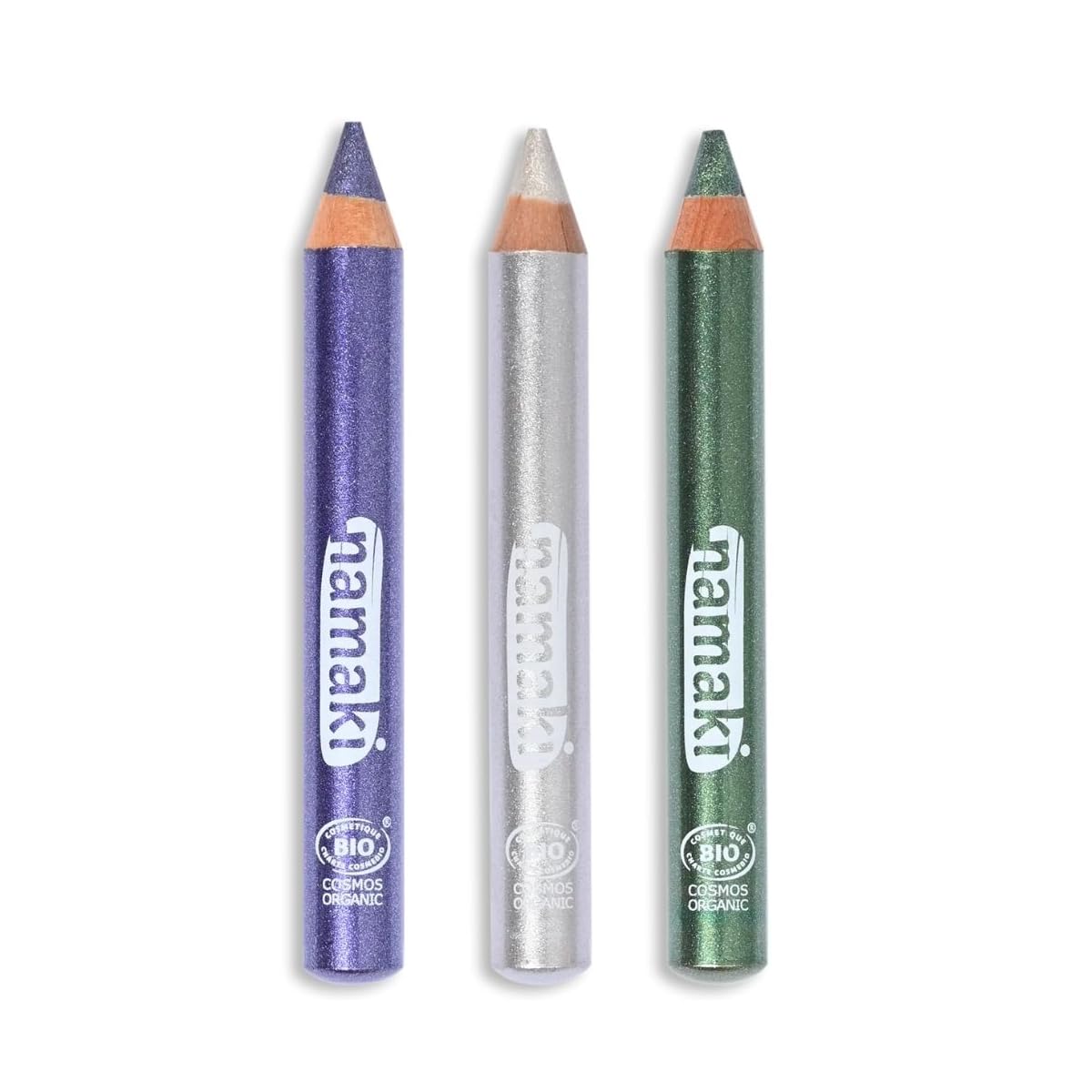 Kit de 3 Crayons de maquillage Enfants Pailletés Jumbo Bio – Violet, Argent, Vert - Certifié Cosmos Organic - Namaki