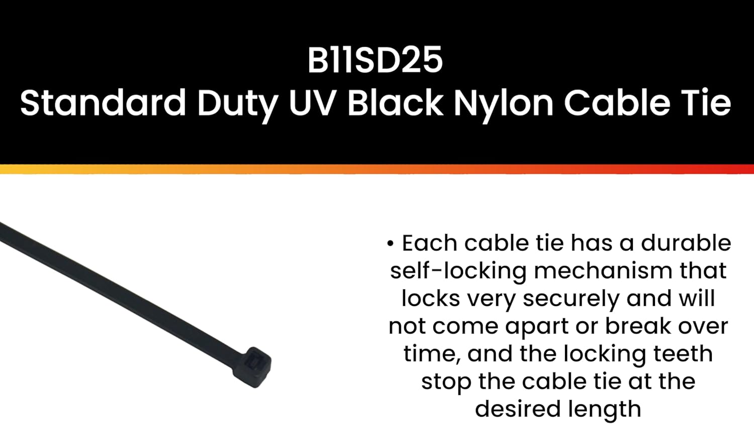 Pro Tie Standard Duty, Self-Locking UV Nylon Cable Wire Ties for Indoor and Outdoor Use | 11.8-Inch, 50 lbs. Tensile Strength, UV Black Nylon, 25-Pack (PN: B11SD25)