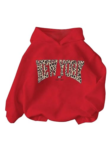 RoseSeek Women's Graphic Cheetah Letter Print Hoodie Preppy Long Sleeve Oversized Sweatshirts Hooded Pullover Tops
