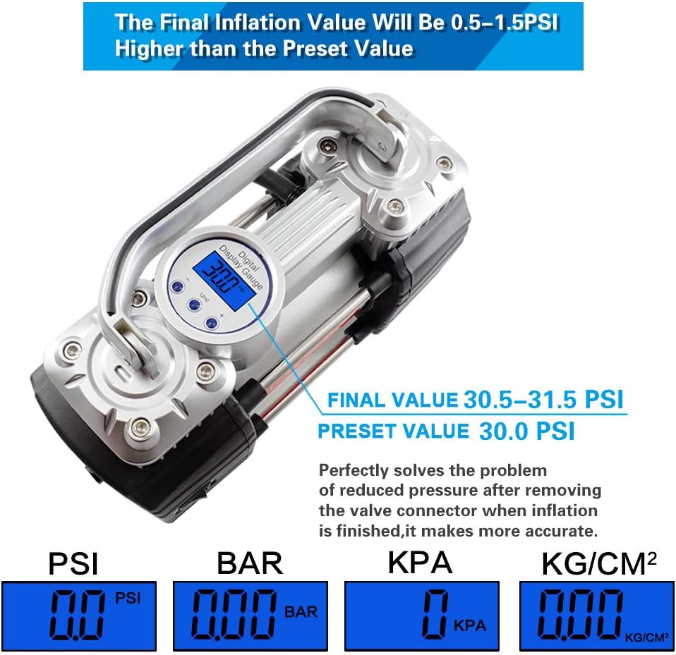 GSPSCN Portable Digital Car Tire Inflator with Gauge 150Psi Auto Shut-Off, Heavy Duty Double Cylinders 12V Air Compressor Pump with LED Light for Auto,Truck,Car,Bicycles,RV,SUV,Balls etc. : Everything Else