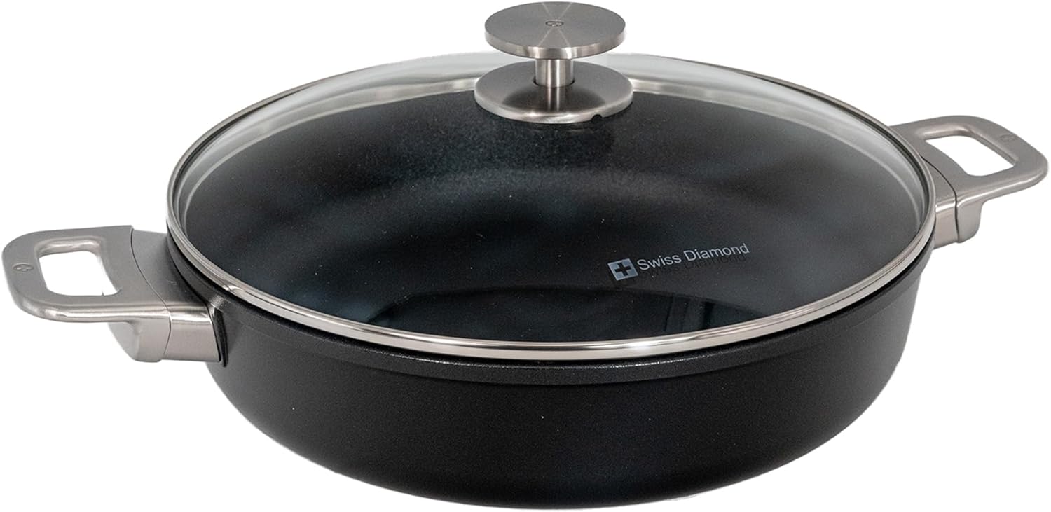 Swiss Diamond 11 Inch 3.7 Quart Nonstick Sauteuse Pan with Lid - Dishwasher Safe and Oven Safe Sauteuse Pot