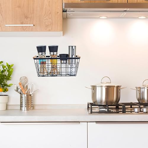 Miniatura 5 de Cestas colgantes de metal negro con asa, organizador de almacenamiento de pared de alambre con ganchos, cestas adhesivas para cocina, baño,