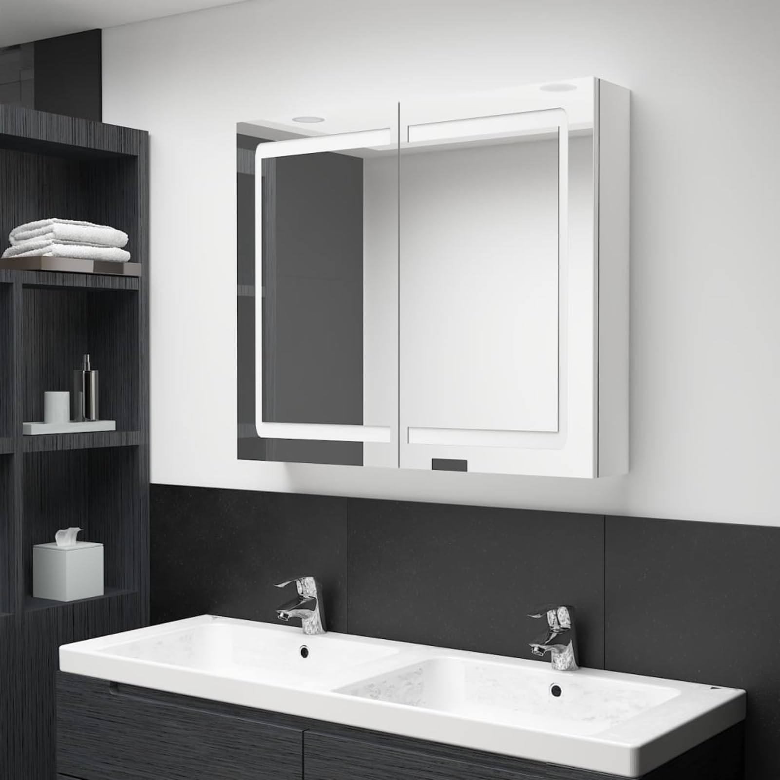 ATOMSTACK MAKER Spiegelschrank Bad 80x12x68 cm, glänzendes Weiß, mit 2 Türen, 3 Böden & berührungslosem EIN/Aus-Schalter – energiesparende Beleuchtung für Make-up, Rasur & Pflege