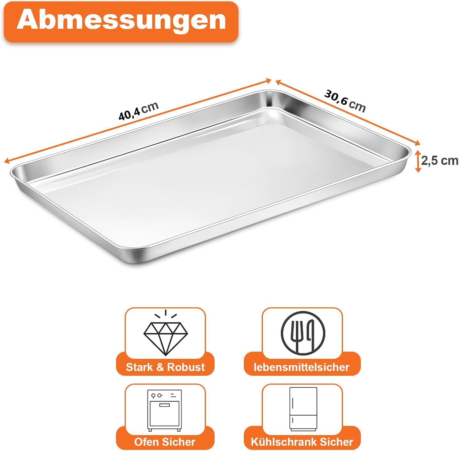 TEAMFAR Backblech, Rechteckigies Backform Kuchenblech aus Edelstahl zum Backen Kochen Servieren, 40,4x30,6x2,5cm, ungiftig und Gesund, Hochglanzpoliert, leicht zu reinigen und spülmaschinenfest