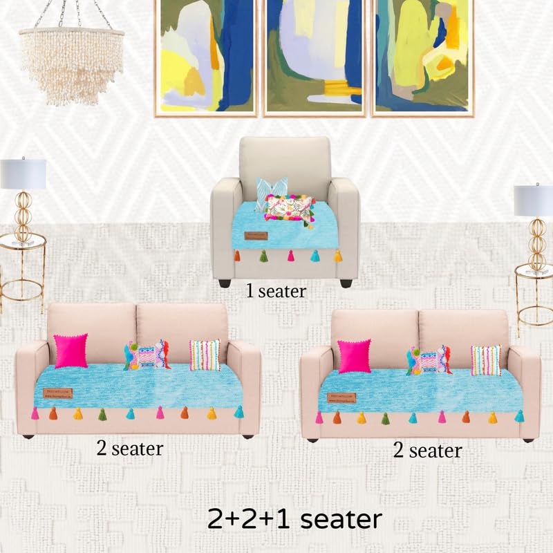 Image of WWW.THROWPILLOW.IN Blue Sofa Cover Multicoloured Tassels: Sofa Slipcover: Thick Fabric, Anti-Slip, Stylish & Functional: Seat & Front Back Protection -Set of 3 Covers- Fits: 2+2+1 Seater