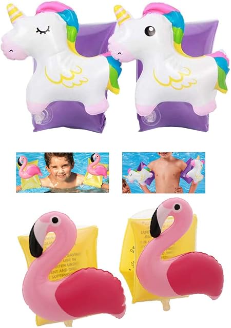 Inflatable Unicorn + Flamingo Arm Bands Baby Pool Float Animals Pattern Swimming Aid Trainer Boat Children Inflatable Sleeves Swim Circle Armbands Pool Toy for Age 2-6
