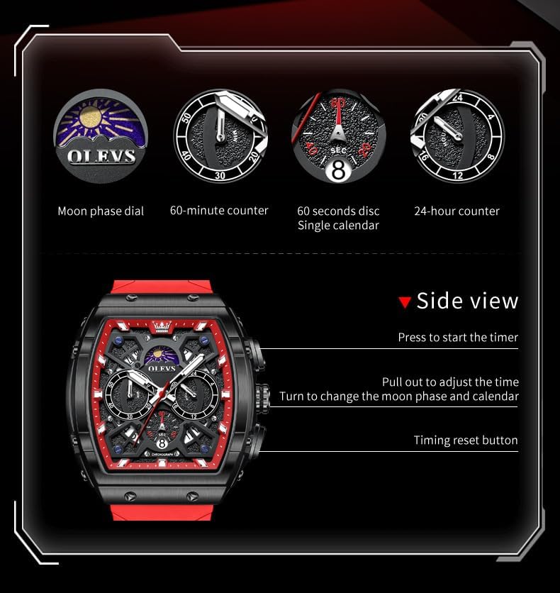 OLEVS Watches Men Chronograph Waterproof Rectangle Face Moon Phase Watches for Men Luminous Quartz Calendar Mens Wrist Watch - Silicon Strap - Image 6