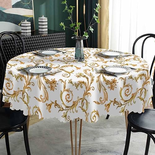 Miniatura 2 de AOYEGO Mantel redondo de encaje vintage dorado de 60 pulgadas, ramas florales, hojas, medieval, estilo real, acuarela viva, mantel de poliéster para