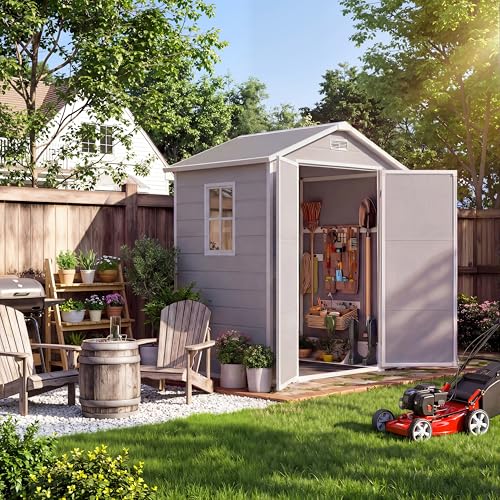 Plastic Outdoor Storage Shed with Floor & Window, Resin Garden Shed for Patio, Lawn Mower, Bike & Tool, Outdoor Storage with Lockable Door & 2 Vents & Sloped Roof (Light Gray, 6x4 ft) Light