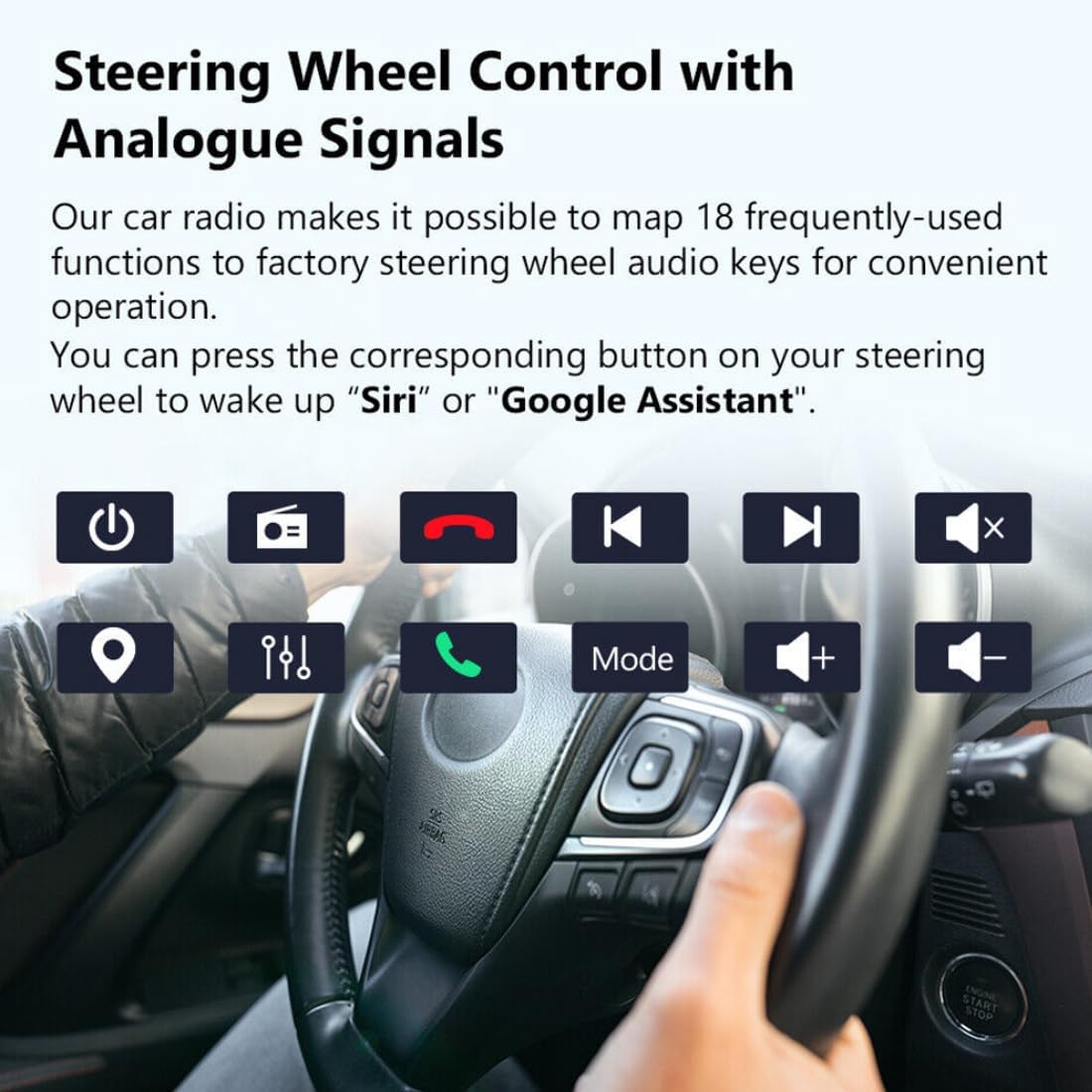 Eaglerich car radio demonstrating steering wheel control functions with icons for power, menu, call, skip, mute, navigation, settings, and volume.