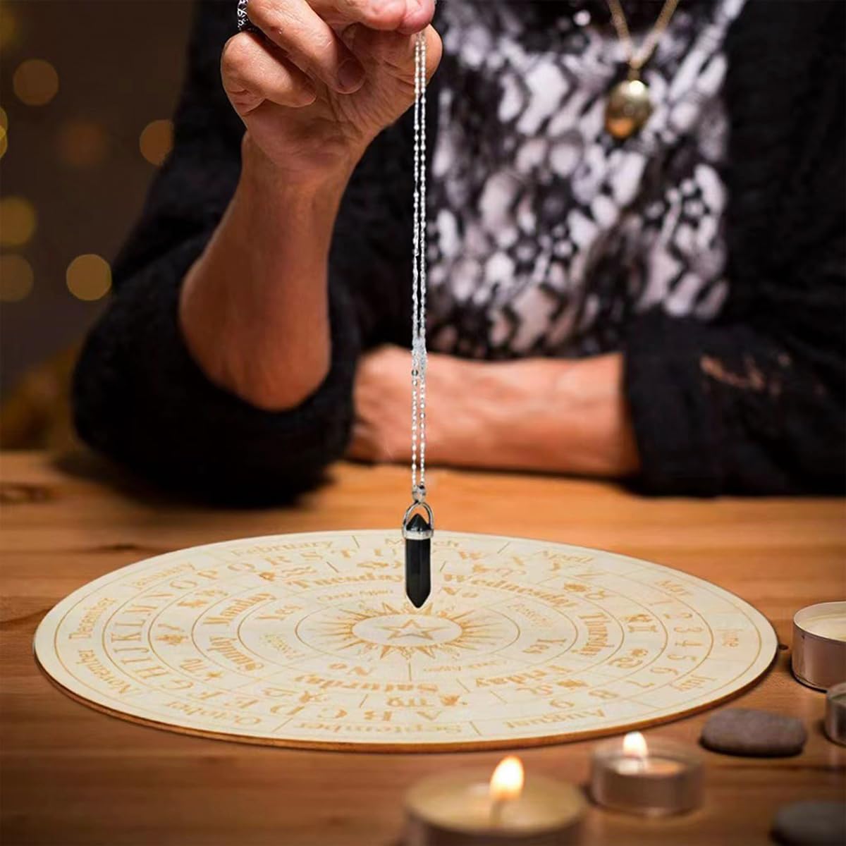 Tavola del Pendolo in Legno Stella 25 cm Tabella divinazione con Collana di Cristallo con Bacchetta da rabdomante Divinazione Metafisica Bacheca messaggi Kit Stregoneria Accessorio Wiccan
