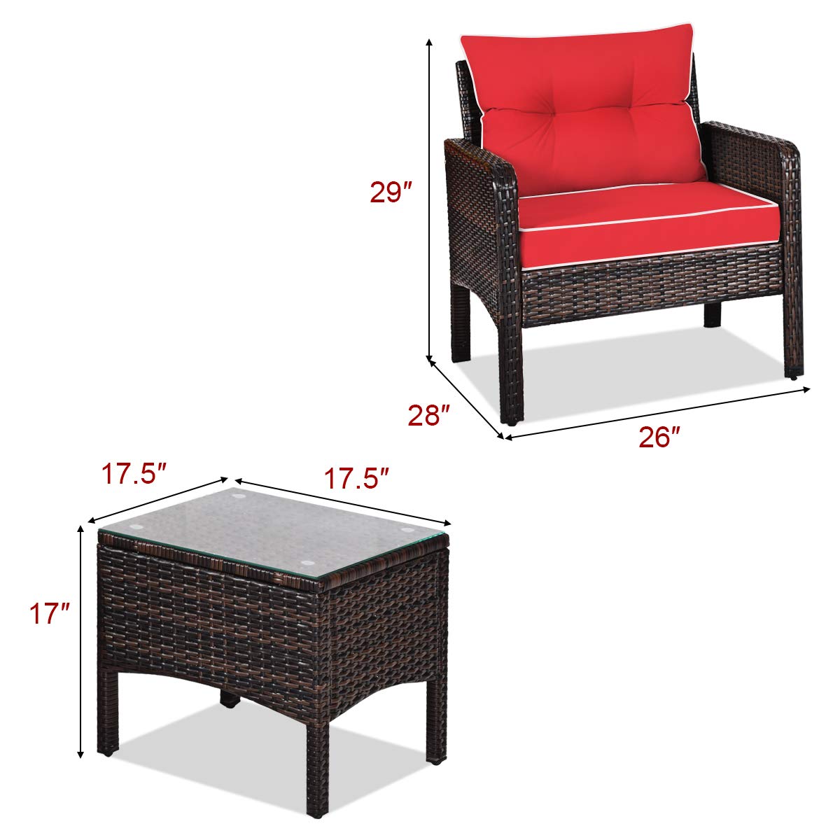 Juego de 3 muebles de patio al aire libre, juego de sillas de mimbre con mesa auxiliar de cristal, cojines gruesos, para todo tipo de clima, jardín, césped, piscina, patio, porche, juego para 5