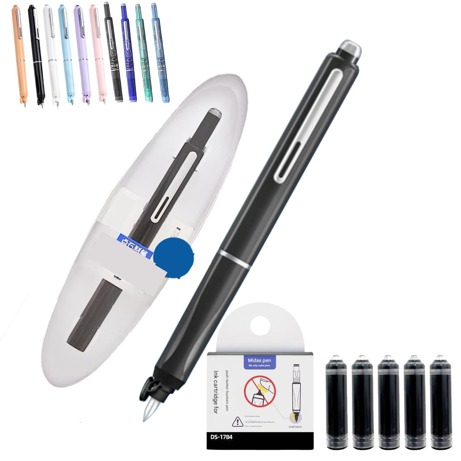 Retractable Fountain Pen, Refillable Fountain Pen, 0.38mm Blue&Black Ink Transparent Barrel Includes 5 Refillable Ink Cartridges for Smooth Writing No Leaking (Pure black, Erasable ink blue)