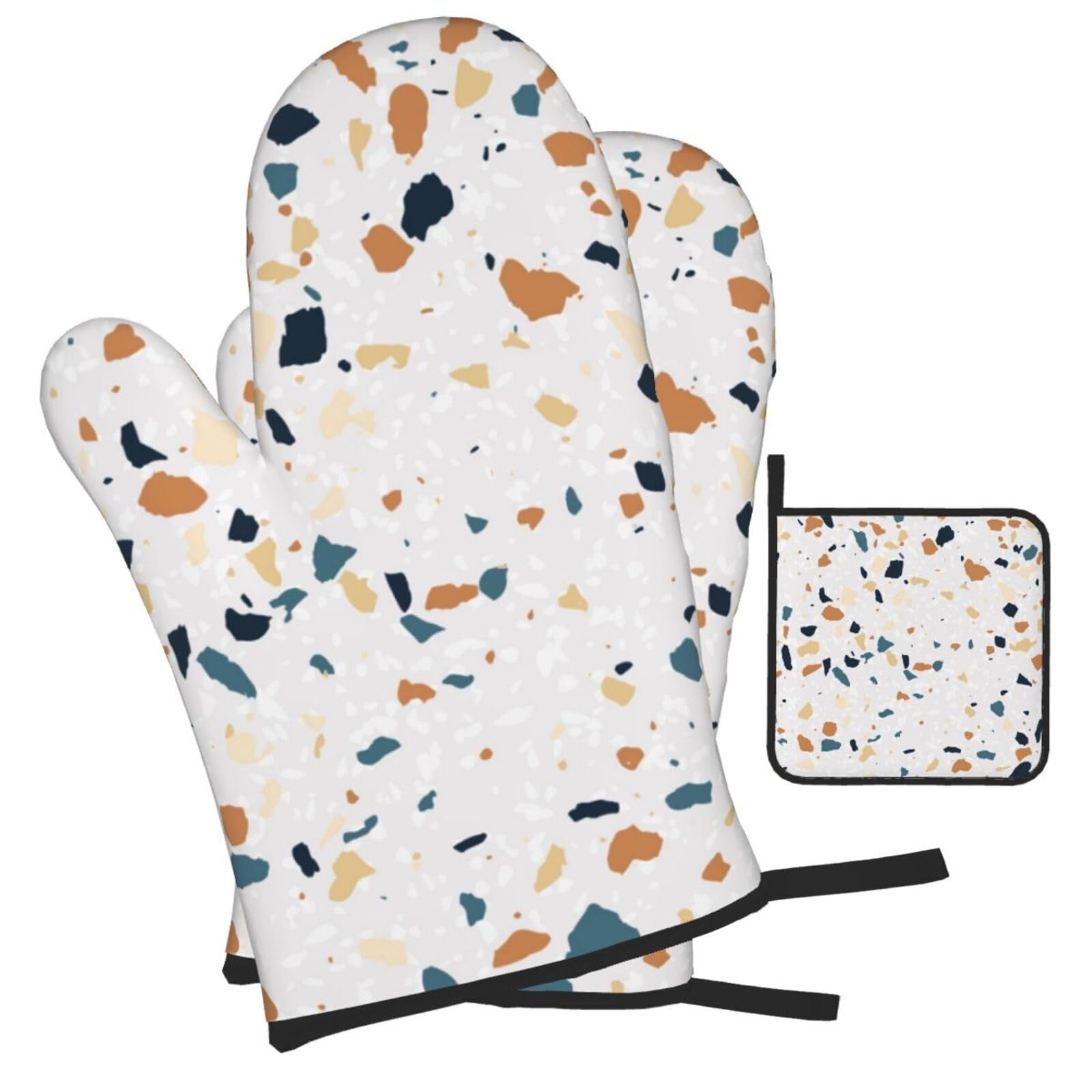 Terrazzo Marble Pastel Printed Oven Mitts and Pot Holders Heat Resistant Set of 3 Pcs, Modern Kitchen Gloves & Potholders for Cooking Baking Grilling