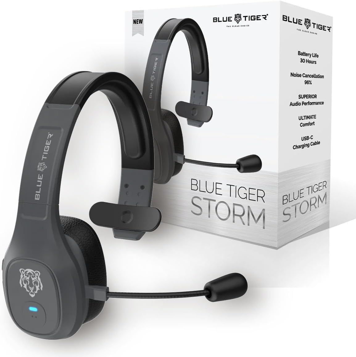 Blue Tiger Storm Gray – Premium Trucker Bluetooth Headset – Wireless Noise Canceling Mono Headset with Mic – High-Fidelity Sound, 30-Hour Talk Time, USB-C Charging – for Truck Drivers, Bluetooth 5.0