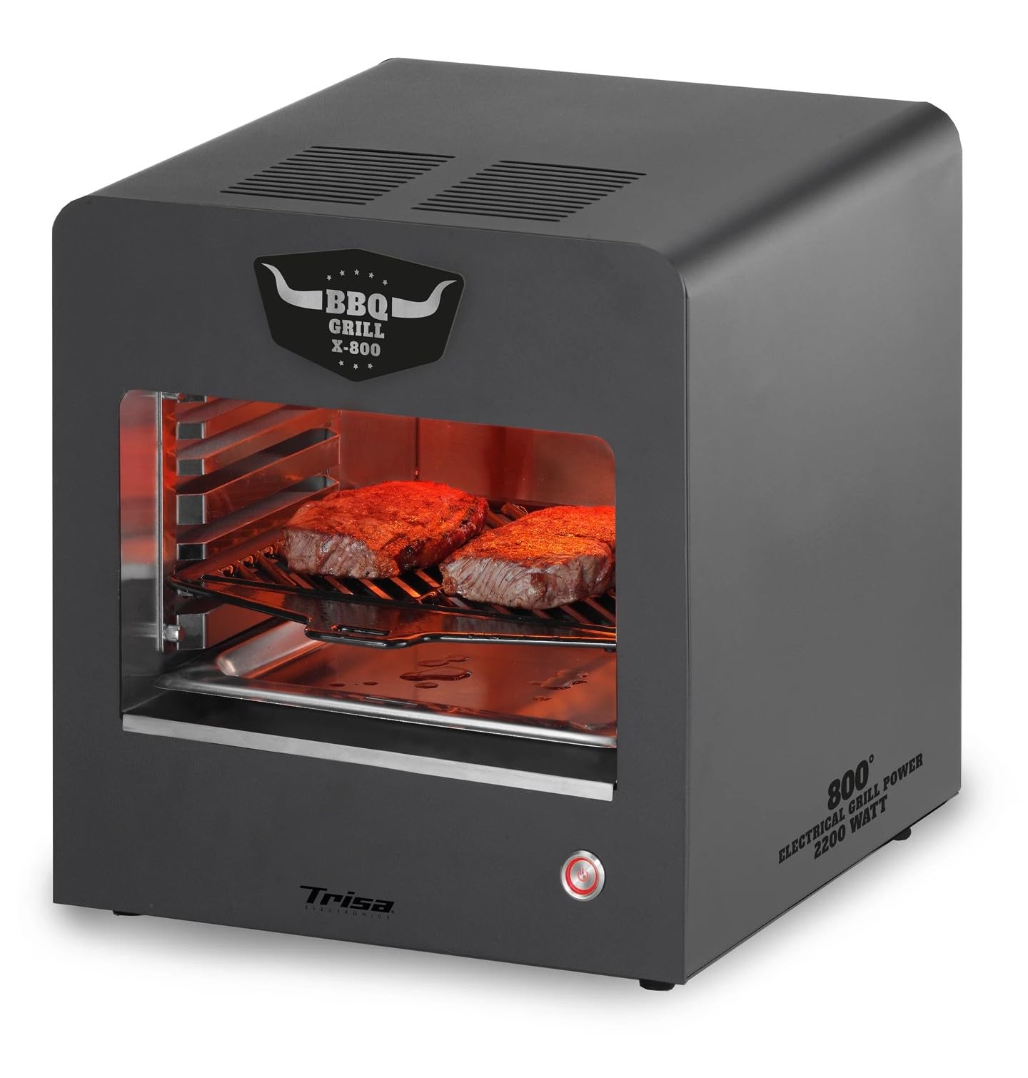 Trisa BBQ Grill X-800 2200W, 800°C Oberhitzegrill, Rauchfrei Indoor Outdoor | 2200W Halogen, 800°C Oberhitze, Pizzastein & Schaufel Inklusive; Grillrost, 2 Auffangschalen, Flaschenöffner