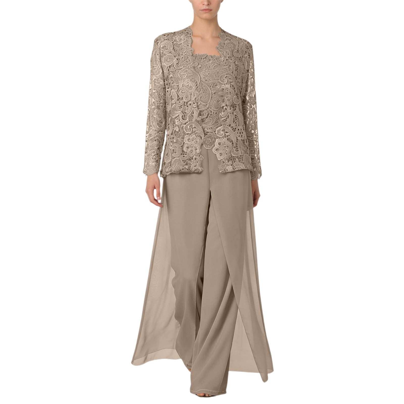 3 pezzi in chiffon per la madre della sposa con giacca, applicazione in pizzo, abito formale, da cocktail, da sera con pizzo, cardigan, pantaloni per il tempo libero