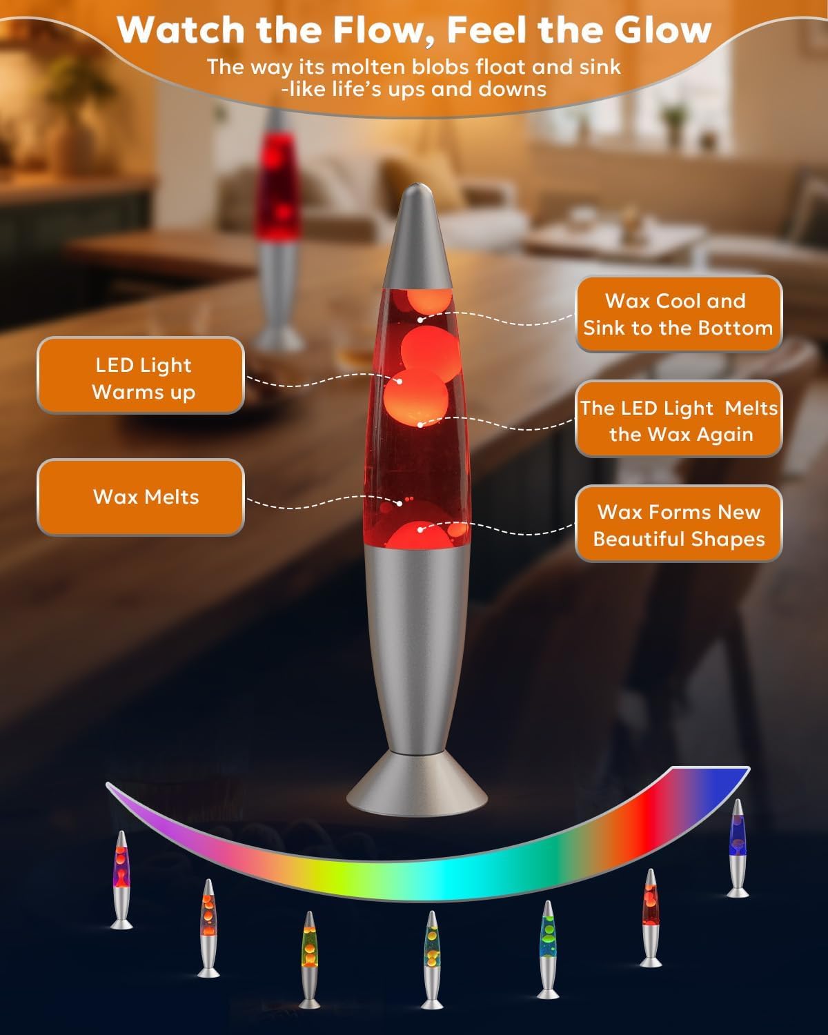 CELLUSTOP Rakieta lawy - Lampa Magma Lavave - Zapasowa żarówka w zestawie - Wytrzymałe szkło, 25 W, 35 cm, czerwona
