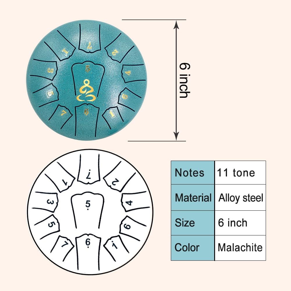 Tambour à langue en acier de 15,2 cm, 11 notes en ré majeur, carillon de pluie pour instrument de percussion extérieur avec maillets de tambour et sac de transport