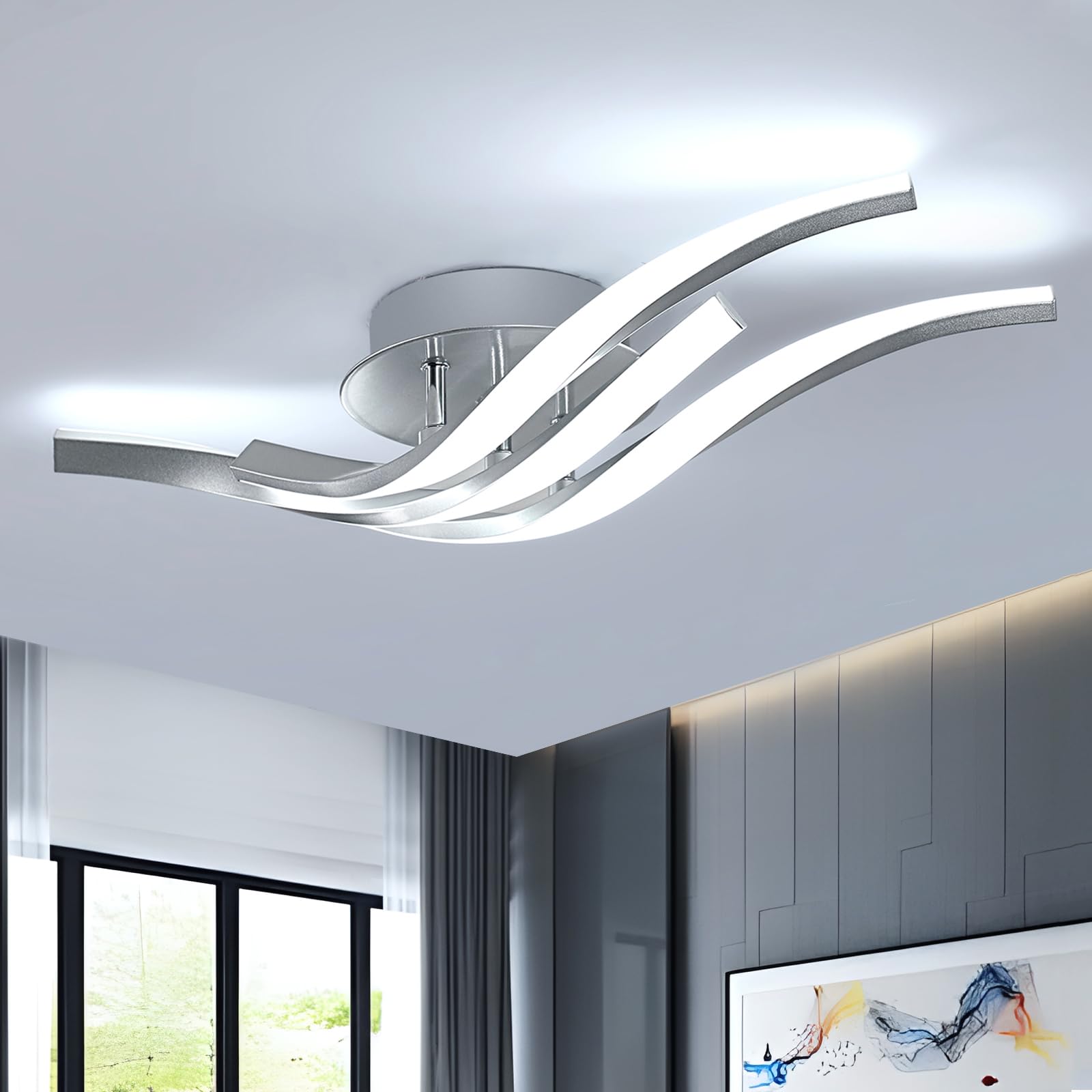 Toolight Lámpara de Techo LED, 24W 2700LM Lamparas LED Techo de Diseño Curvo, Lampara Cocina Techo, Luz Fría 6500K, Lampara de Techo para Pasillo Cocina Salón Dormitorio, Plata, 52CM